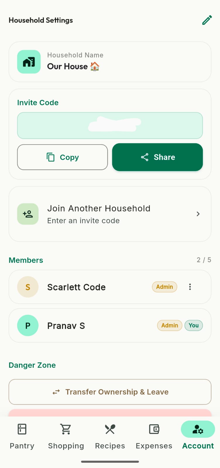 Pantry Watcher App - Household settings with member management and invite codes