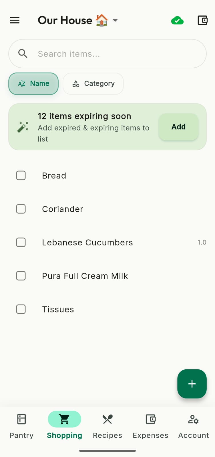 Pantry Watcher App - Collaborative shopping list with checkboxes and expiring items quick-add