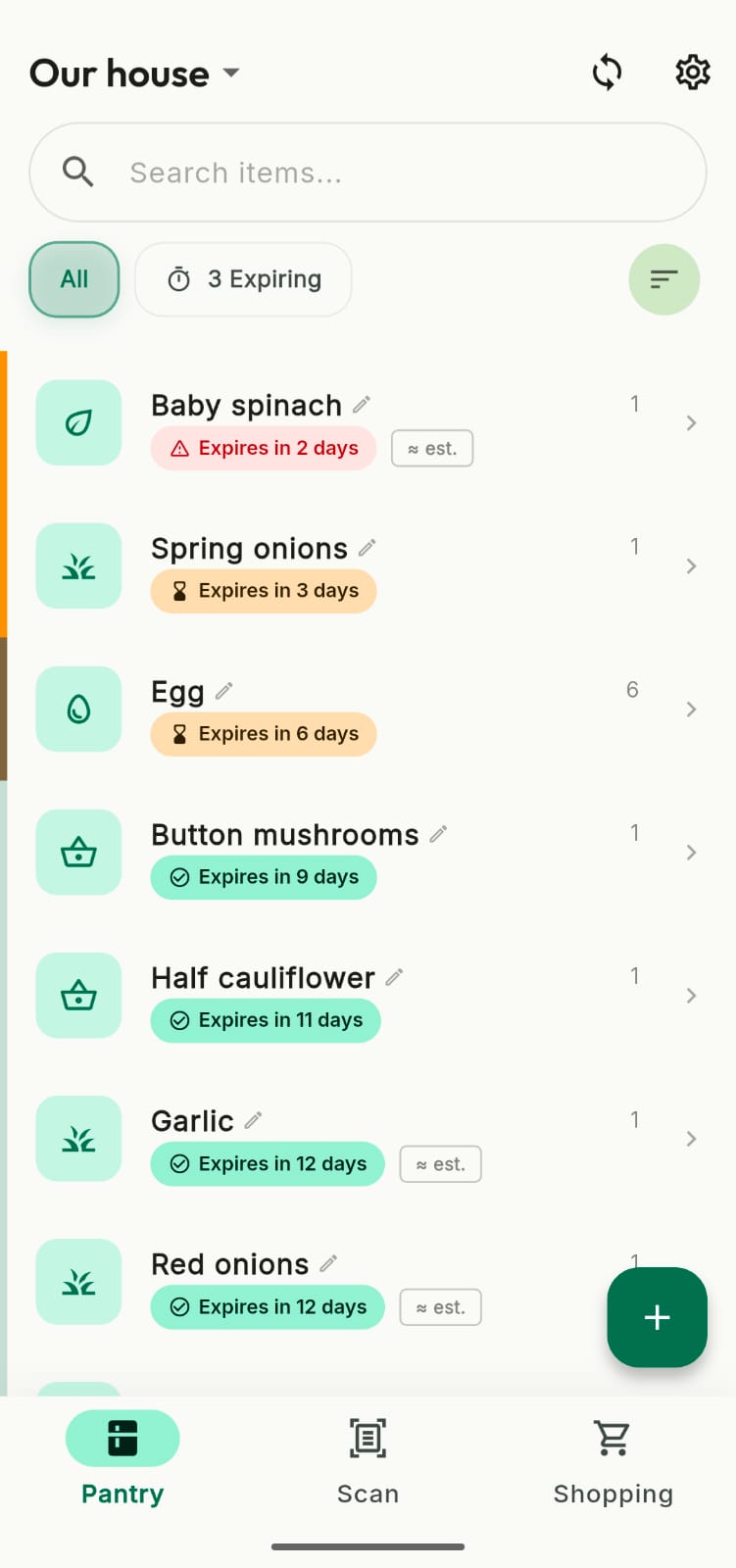 Pantry Watcher App - Main Dashboard showing expiry tracking