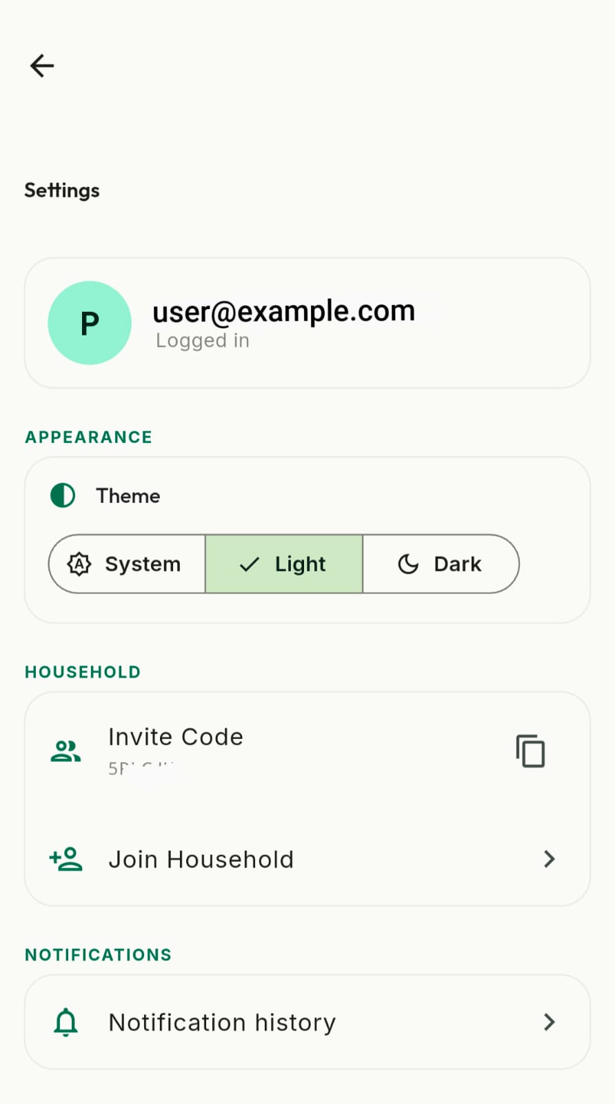 Pantry Watcher App - Household Settings